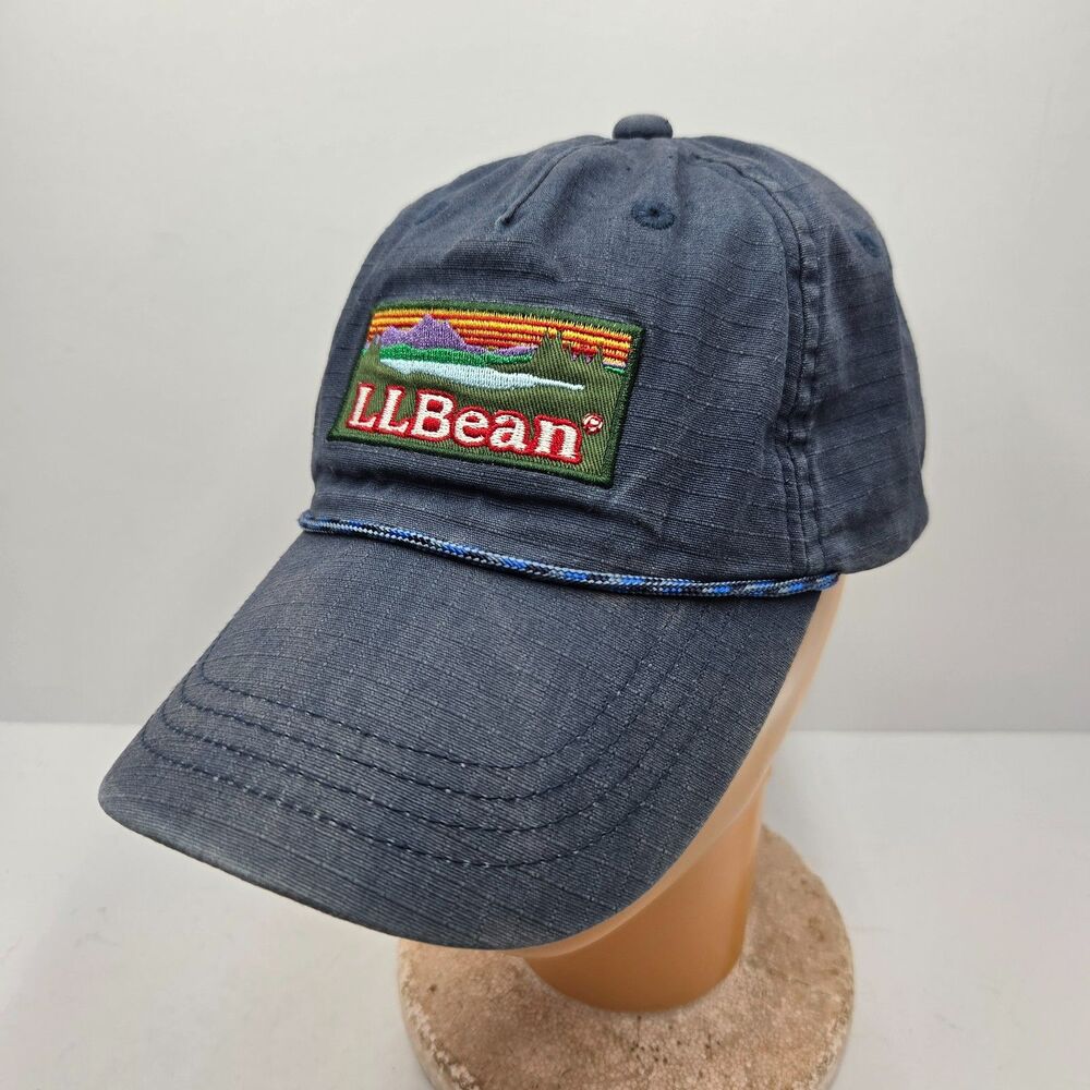 Vintage LL Bean Ripstop Landscape Logo Hat Navy Blue Rope Strapback Golf Cap OS